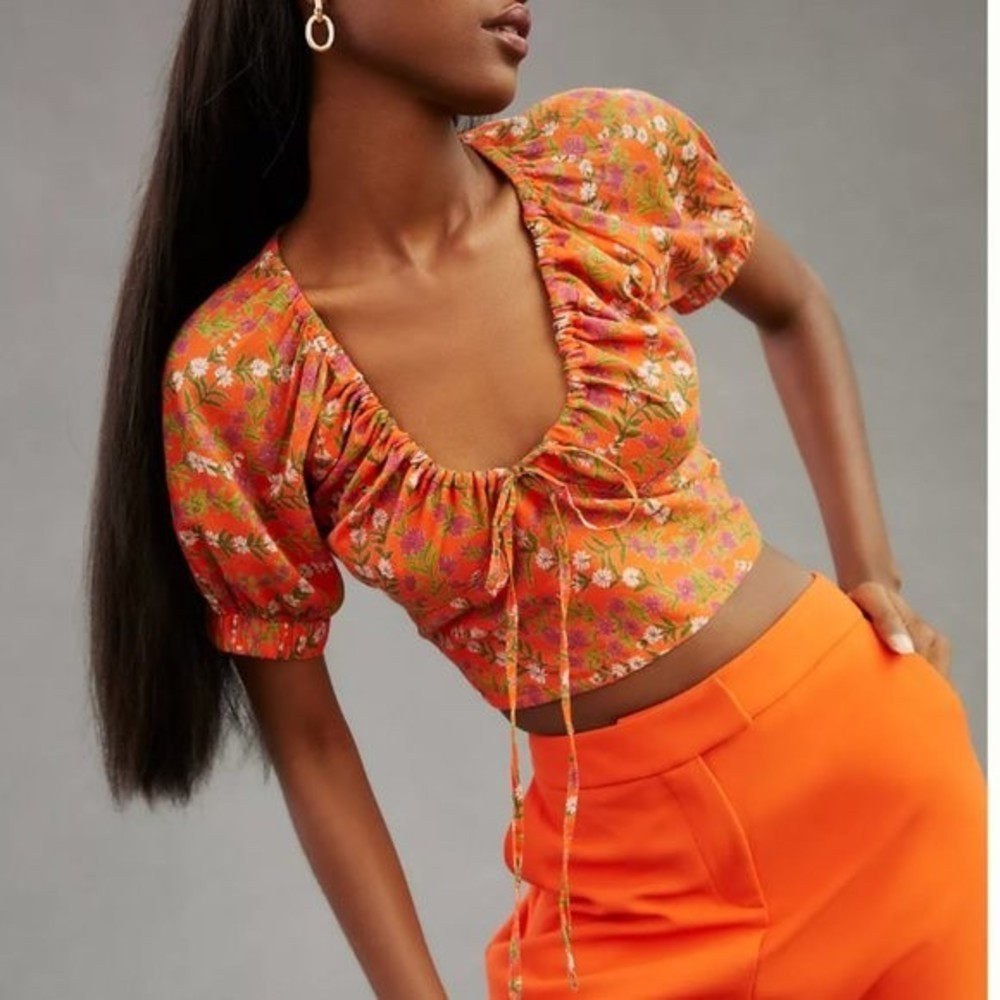 NWT Banjanan Anthropologie Cropped Floral Blouse orange size Large L NEW